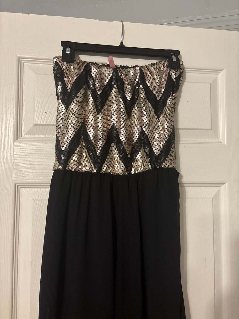 My Michelle Strapless Sequin Chevron Wide Leg Jumpsuit